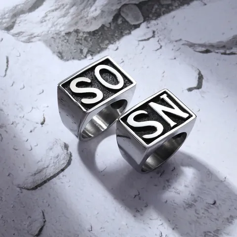 Men Titanium Steel Signet Ring Industrial Punk Style Embossed SN SO Letter Polished Silver Square Finger Ring Jewelry