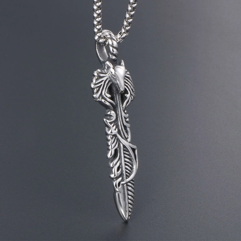 Collana con Pendente Lupo e Piuma in Acciaio Inossidabile Retrò per Uomo Stile Punk Gotico Tribale Gioielli Argento Antico