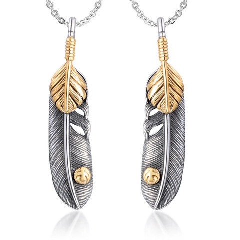 Vintage Roestvrij Staal Veer Hanger Ketting Etnische Arend Vleugels Goud Zilver Tweekleurige Sieraden Voor Mannen Vrouwen Cadeau