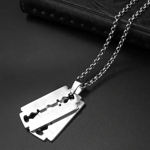 Stainless Steel Personalized Razor Blade Pendant Necklace For Men Punk Industrial Brushed Geometric Silver Necklaces Jewelry
