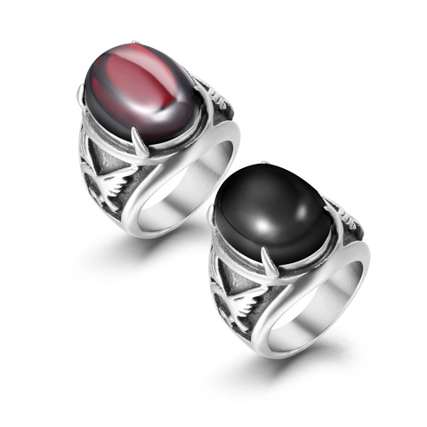 Anello in Acciaio Inossidabile Vintage con Rilievo di Aquila per Uomo Intarsio in Agata Ovale Rossa Nera Punk Gothic Gioielli