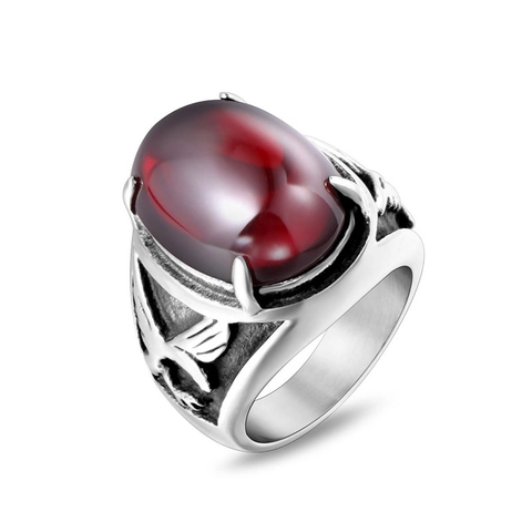 Anello in Acciaio Inossidabile Vintage con Rilievo di Aquila per Uomo Intarsio in Agata Ovale Rossa Nera Punk Gothic Gioielli