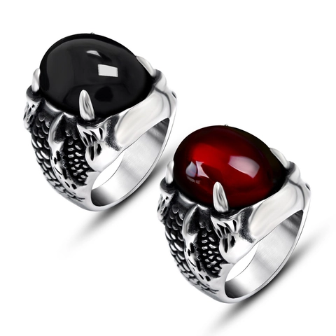 Titanium Steel Dragon Claw Ring For Men Women Gothic Punk Retro Oval Red Black Rhinestone Inlaid Band Fashion Jewelry Gift