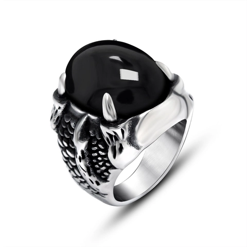 Titanium Steel Dragon Claw Ring For Men Women Gothic Punk Retro Oval Red Black Rhinestone Inlaid Band Fashion Jewelry Gift