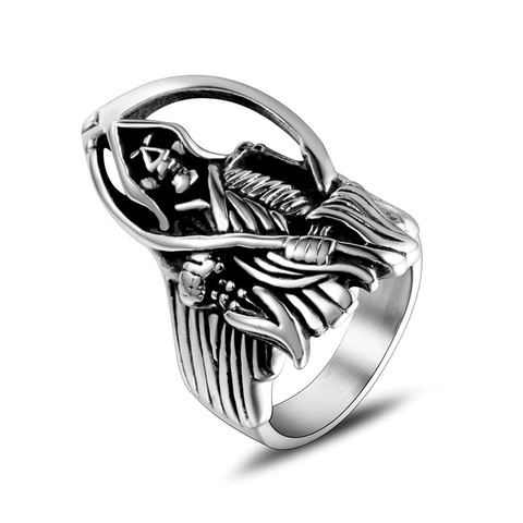 Vintage Gothic Grim Reaper Titanium Steel Ring Men Punk Skull Scythe Band Distressed Biker Jewelry Halloween Accessory