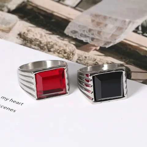 Stainless Steel Men Ring With Square Red Black Rhinestone Inlay Polished Retro Hip Hop Geometric Finger Band Ring For Men