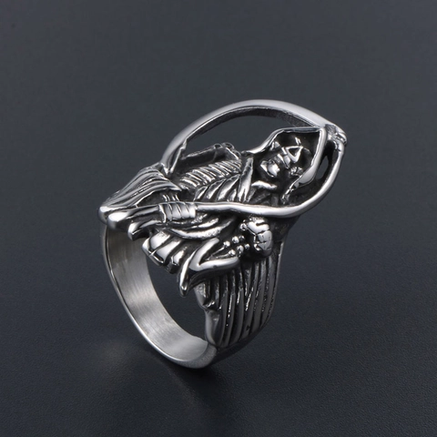 Vintage Gothic Grim Reaper Titanium Steel Ring Men Punk Skull Scythe Band Distressed Biker Jewelry Halloween Accessory