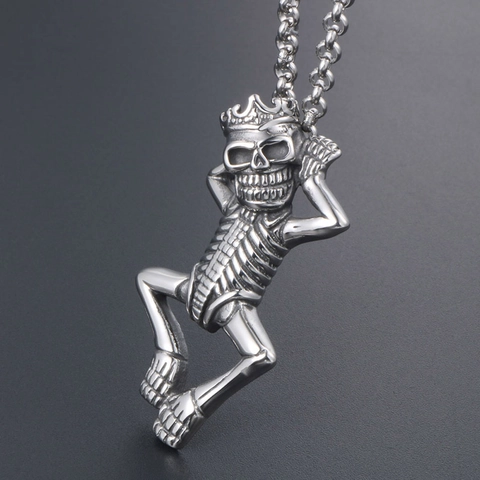 Gothic Punk Titanium Steel Skeleton Skull Pendant Necklace For Men Hip Hop Crown Bone Figure Jewelry Gift
