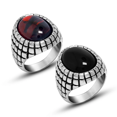 Bague en Acier Titane Agate Rétro Pour Hommes Chevalier Vintage Texture Grille Style Punk Bijoux Masculins Polis