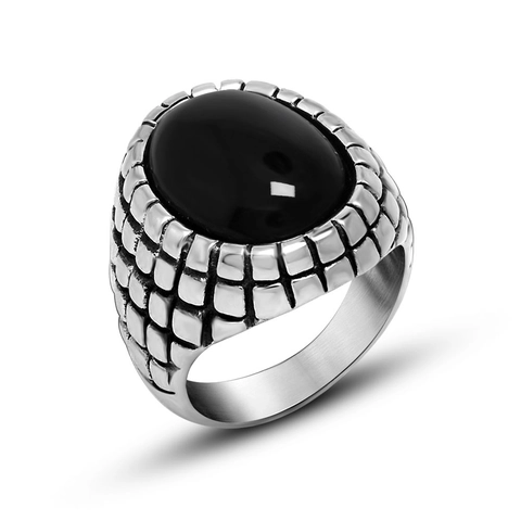Bague en Acier Titane Agate Rétro Pour Hommes Chevalier Vintage Texture Grille Style Punk Bijoux Masculins Polis