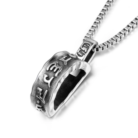 Stainless Steel Religious Mantra Pendant Necklace Retro Punk Om Mani Padme Hum Script Medallion Jewelry For Men Unisex