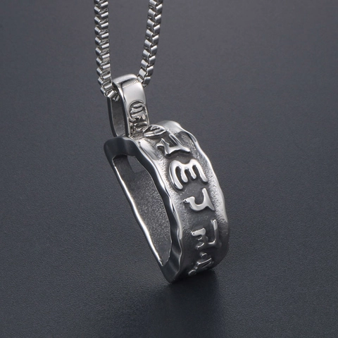 Stainless Steel Religious Mantra Pendant Necklace Retro Punk Om Mani Padme Hum Script Medallion Jewelry For Men Unisex