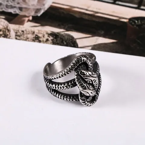 Vintage Double Headed Snake Wrap Ring For Men Punk Gothic Titanium Steel Stainless Steel Animal Statement Finger Ring Jewelry
