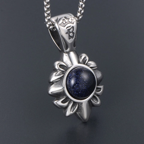 Vintage Titanium Steel Sunflower Pendant Necklace For Men Women Retro Blue Sandstone Starburst Flower Medallion Jewelry