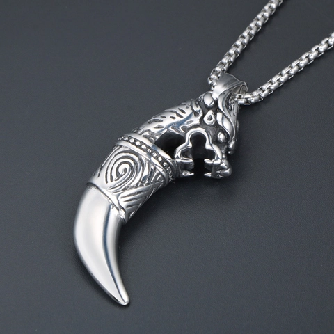 Collana Con Pendente a Dente di Lupo in Acciaio Inossidabile Retro Testa di Lupo Argento Antico Punk Gotico Hip Hop Gioielli Uomo