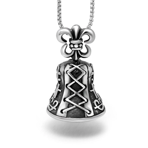 Retro Edelstahl Glocken Anhänger Halskette Für Herren Gothic Fleur-De-Lis Kreuz Muster Punk Rock Schmuck Geschenk Antiksilber