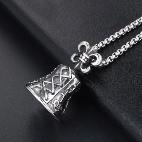 Retro Edelstahl Glocken Anhänger Halskette Für Herren Gothic Fleur-De-Lis Kreuz Muster Punk Rock Schmuck Geschenk Antiksilber