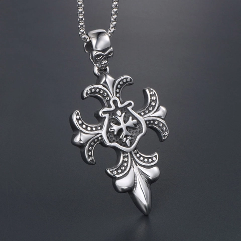 Vintage Stainless Steel Gothic Skull Cross Pendant Necklace For Men Retro Punk Fleur-De-Lis Biker Jewelry Jewelry Gift