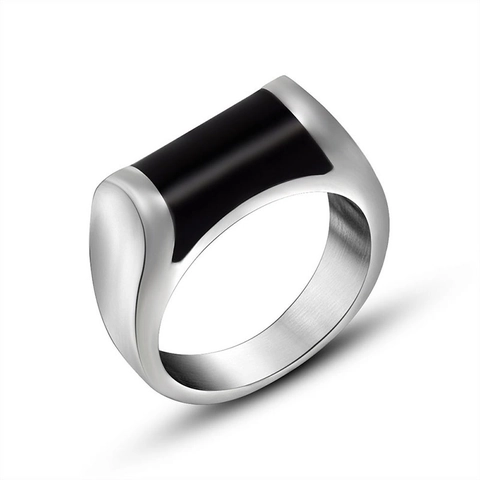 Anello Minimalista in Acciaio Inossidabile per Uomo Donna Intarsio Epossidico Nero Fascia Rettangolare Geometrica Gioielli Moda