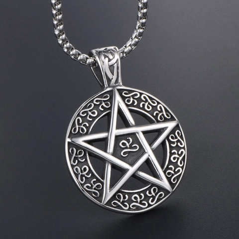 Vintage Titanium Steel Pentagram Pendant Necklace For Men Women Hollow Out Celtic Knot Round Star Mystery Fashion Jewelry