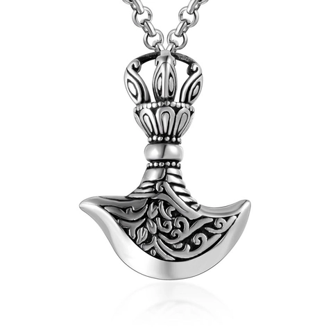 Vintage Stainless Steel Axe Pendant Necklace Buddhist Vajra Kartika Ritual Tool Floral Relief Punk Jewelry For Men Women