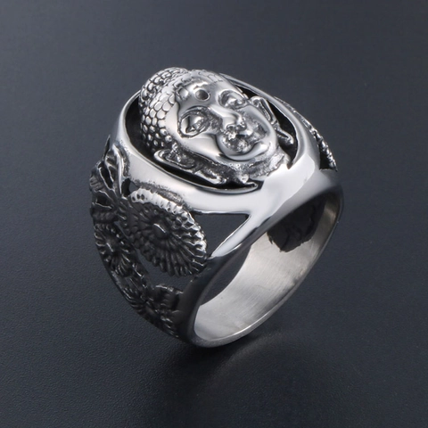 Vintage Religious Stainless Steel Buddha Face Ring For Men Religious Buddha Statue Relief Band Ring Punk Gothic Biker Jewelry