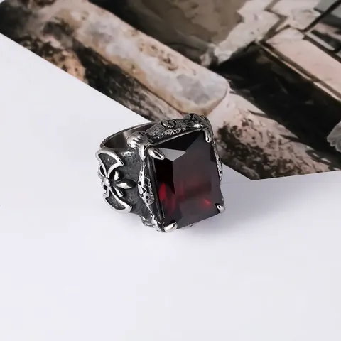Anello da Uomo in Acciaio Inossidabile Gotico Vintage Punk con Strass Rossi Incastonati Motivo a Croce Artiglio d'Aquila