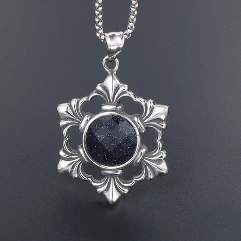 Vintage Titanium Staal Blauwe Zandsteen Hanger Ketting Voor Heren Dames Gothische Sneeuwvlok Franse Lelie Ingelegde Sieraden Cadeau