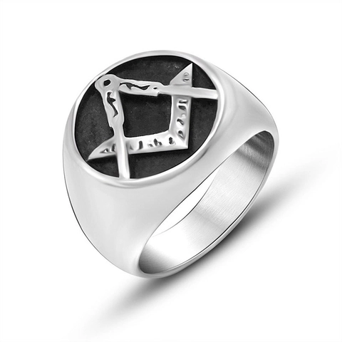 Men's Vintage Stainless Steel Masonic Freemasonry Ring Polished Square Compass Symbol Signet Punk Biker Jewelry Gift Silver