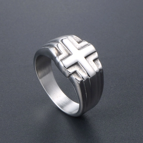 Vintage Titanium Steel Cross Signet Ring For Men Retro Polished Stainless Steel Religious Jewelry Punk Biker Finger Ring