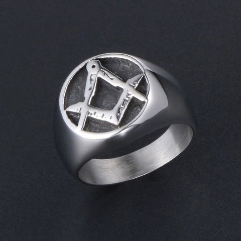 Men's Vintage Stainless Steel Masonic Freemasonry Ring Polished Square Compass Symbol Signet Punk Biker Jewelry Gift Silver