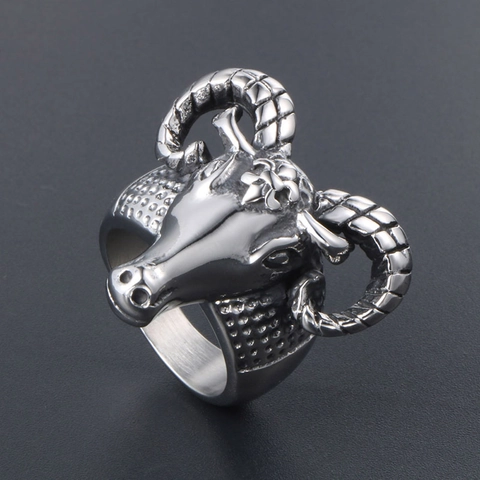 Vintage Punk Rammenkop Ring Voor Heren Titaniumstaal Gepolijst Dierentotem Hip Hop Biker Gothic Statement Vingerring Sieraden