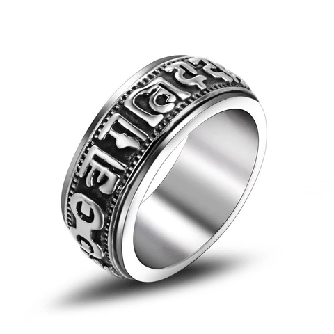 Vintage Titanstahl Sechs Wort Mantra Ring Distressed Punk Buddhistisch Religiös Geprägt Band Ring Für Herren Damen Modeschmuck