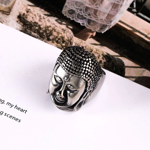 Vintage Titanium Steel Buddha Head Ring For Men Religious Shakyamuni Face Sculpted Band Antique Silver Polished Biker Jewelry