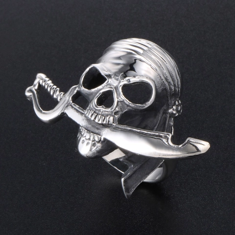 Vintage Pirate Skull Ring With Cutlass Titanium Steel Men Punk Gothic Biker Ring Retro Bandana Skull Jewelry Fashion Ring