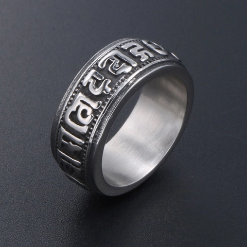 Vintage Titanstahl Sechs Wort Mantra Ring Distressed Punk Buddhistisch Religiös Geprägt Band Ring Für Herren Damen Modeschmuck