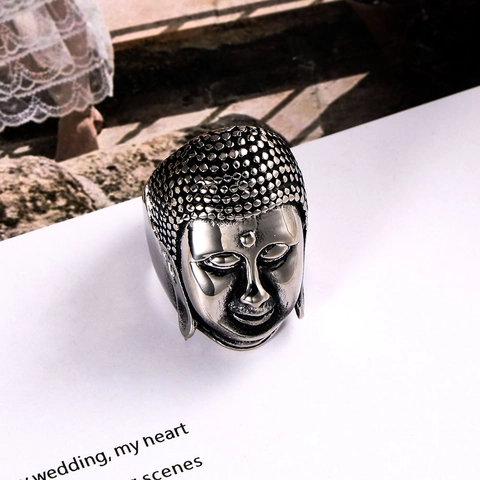 Vintage Titanium Steel Buddha Head Ring For Men Religious Shakyamuni Face Sculpted Band Antique Silver Polished Biker Jewelry