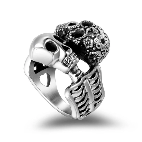 Gothic Punk Double Skull Head Titanium Steel Ring Vintage Silver Rib Cage Hollow Heart Band Ring For Men Women Jewelry Gift