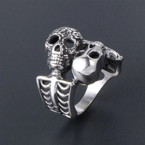 Gothic Punk Double Skull Head Titanium Steel Ring Vintage Silver Rib Cage Hollow Heart Band Ring For Men Women Jewelry Gift