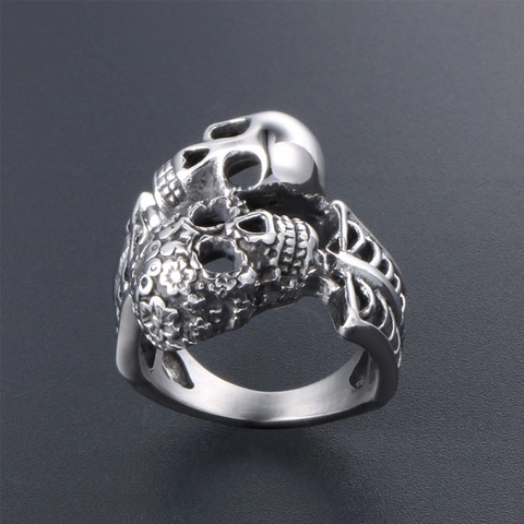 Gothic Punk Double Skull Head Titanium Steel Ring Vintage Silver Rib Cage Hollow Heart Band Ring For Men Women Jewelry Gift