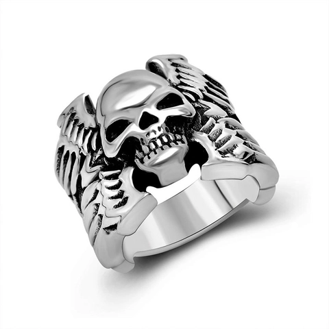 Vintage Stainless Steel Skull Wing Ring Domineering Punk Biker Jewelry For Men Cool Gothic Death Skull Head Winged Ring