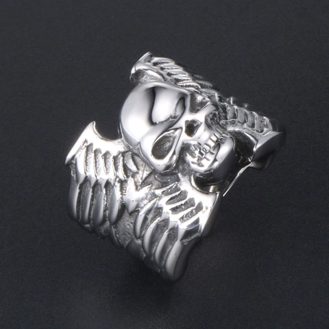 Vintage Stainless Steel Skull Wing Ring Domineering Punk Biker Jewelry For Men Cool Gothic Death Skull Head Winged Ring