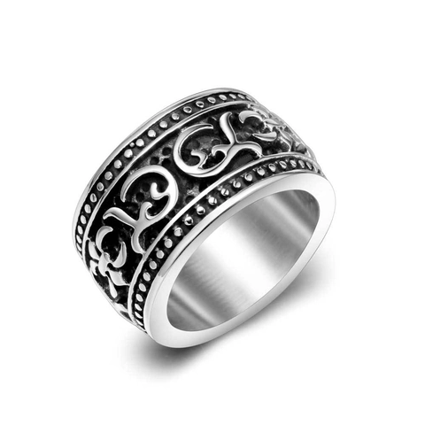 Vintage Punk Stainless Steel Skull Ring Gothic Fleur-De-Lis Cross Pattern Oxidized Wide Band Biker Finger Jewelry For Men