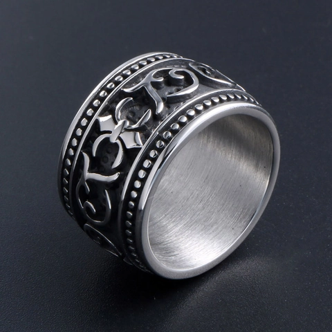 Vintage Punk Stainless Steel Skull Ring Gothic Fleur-De-Lis Cross Pattern Oxidized Wide Band Biker Finger Jewelry For Men