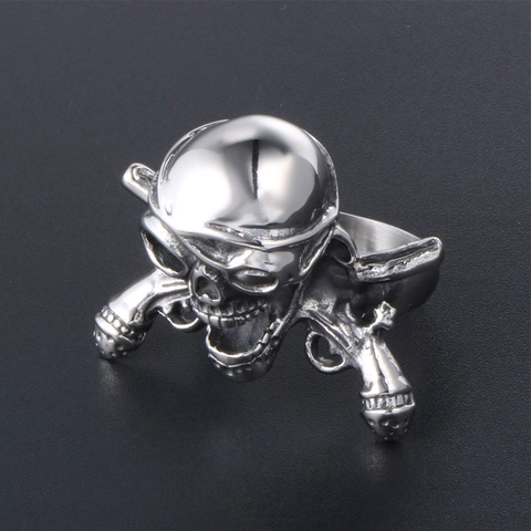Anillo de Pirata de Acero de Titanio con Calavera y Pistolas Cruzadas para Hombre Joyería Gothic Punk Biker Color Plata
