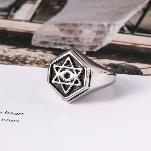 Men Retro Titanium Steel Hexagon Signet Ring Hexagram All Seeing Eye Providence Mystical Gothic Polished Biker Ring For Men