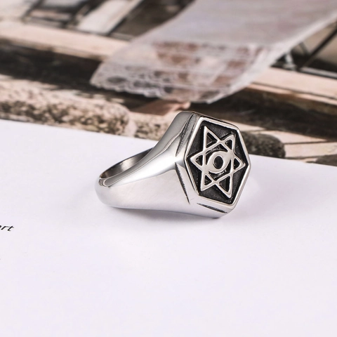 Men Retro Titanium Steel Hexagon Signet Ring Hexagram All Seeing Eye Providence Mystical Gothic Polished Biker Ring For Men