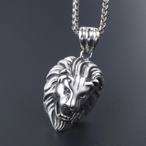 Vintage Roaring Lion Head Pendant Necklace For Men Stainless Steel Titanium Steel Punk Animal Jewelry Polished Wheat Chain Necklaces