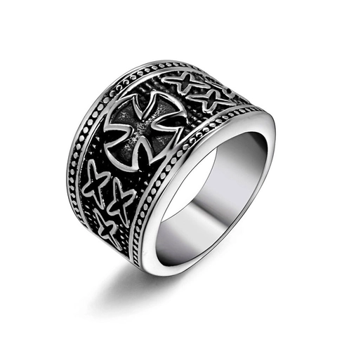 Vintage Stainless Steel Cross Ring For Men Gothic Punk Rock Distressed Wide Band Ring Fashion Jewelry Finger Accessory
