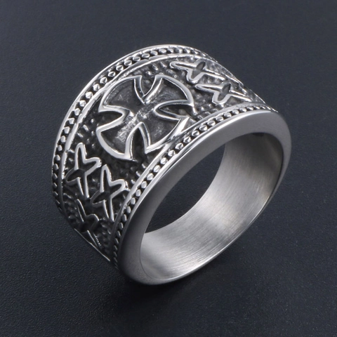 Vintage Stainless Steel Cross Ring For Men Gothic Punk Rock Distressed Wide Band Ring Fashion Jewelry Finger Accessory